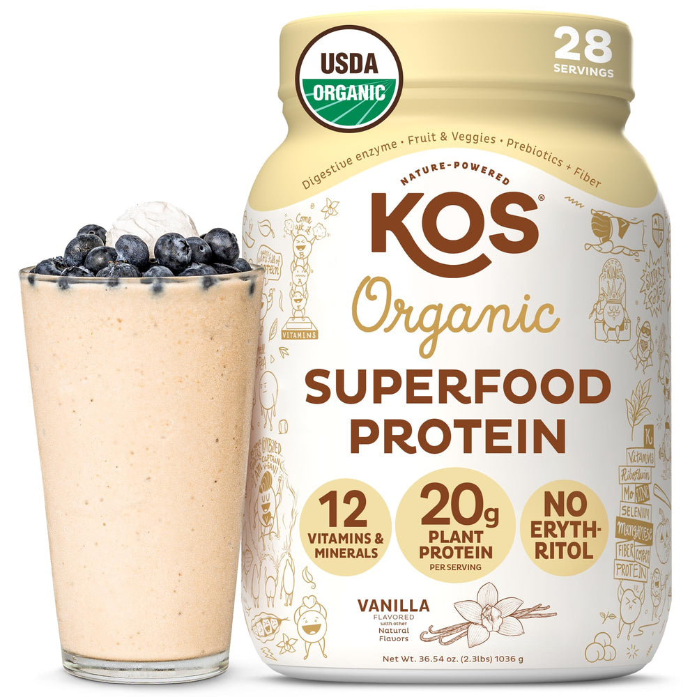 KOS Vegan Protein Powder vanilla tub closeup highlighting organic vanilla flavor