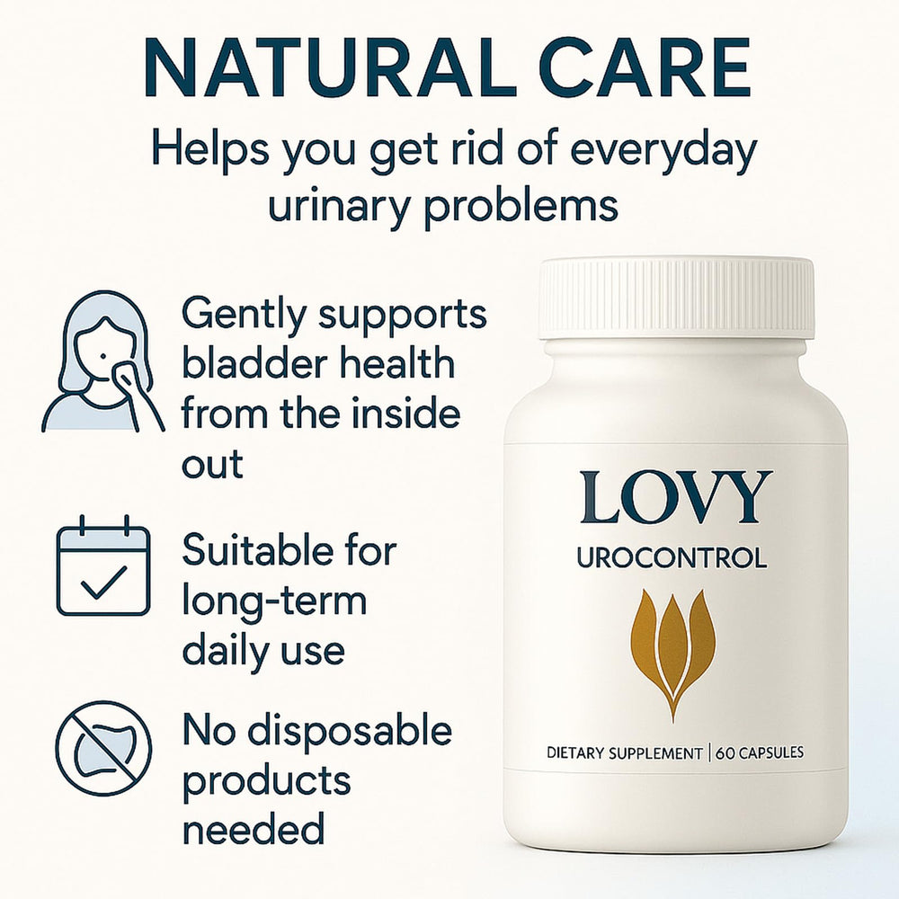 Lifestyle shot shows a person taking a Lovy Urocontrol capsule after breakfast.