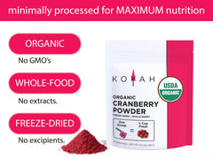 KOYAH Freeze-dried cranberry process image illustrating organic harvest to powder.