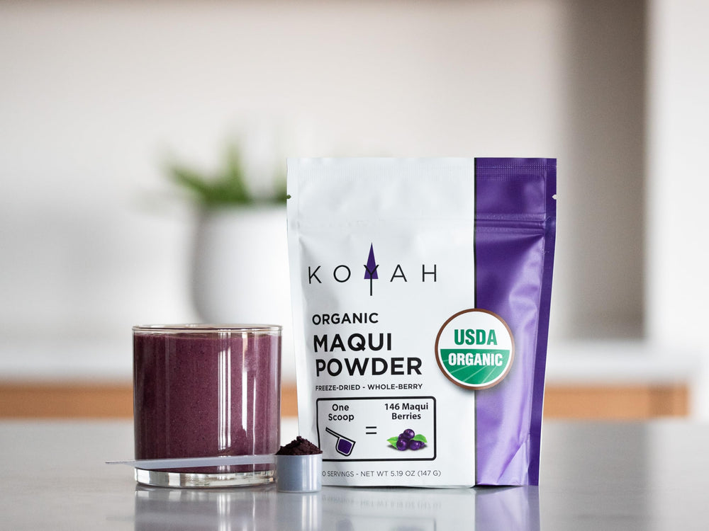KOYAH whole-berry maqui powder, deep purple hue enhances beverages