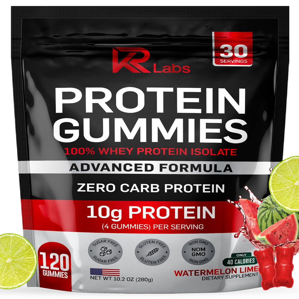 KR Labs Zero Carb gummies packaging front highlighting protein per serving.
