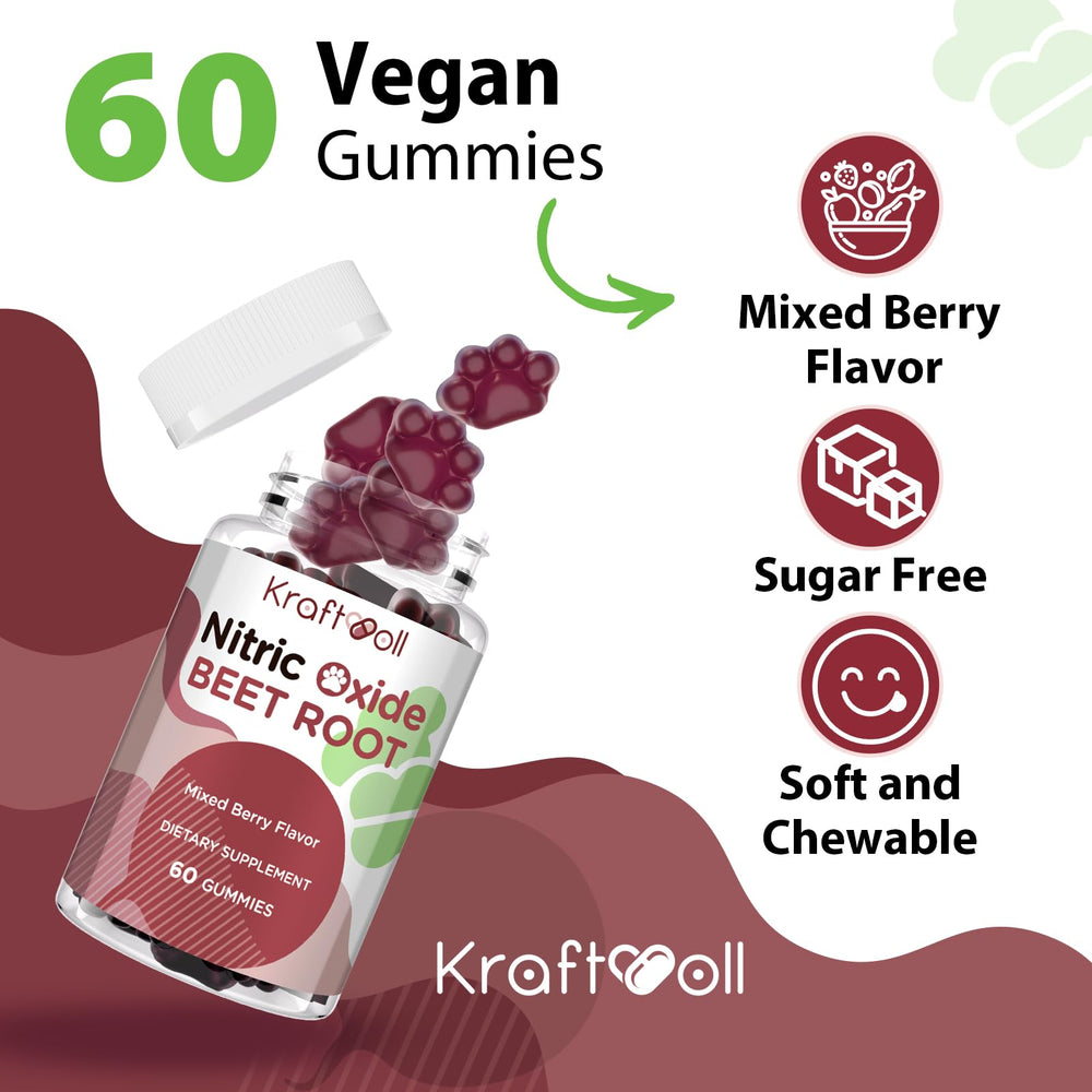 Kraftvoll Nitric Oxide Beet Root Gummies bottle showing convenient 60 gummies for daily use.