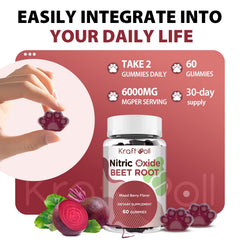 Kraftvoll Nitric Oxide Beet Root Gummies nutrition panel close-up shows GPLC and B12 support energy and focus.