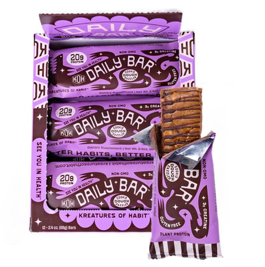 Kreatures of Habit Daily Bar Cookie Dough Dazzler pack shot shows a gluten-free, protein-packed snack.