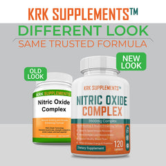 KRK Supplements Nitric Oxide capsules close-up highlights 3500mg per serving.