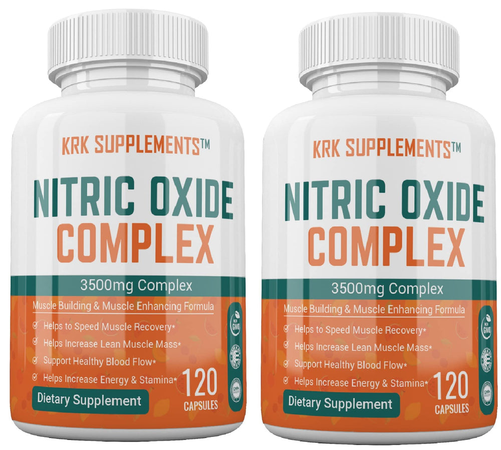 KRK Supplements Nitric Oxide Complex bottle front view emphasizes strength and performance support.
