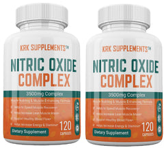 KRK Supplements Nitric Oxide Complex bottle front view emphasizes strength and performance support.