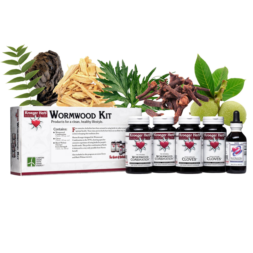 Kroeger Herb Wormwood Detox Kit bottle for easy daily capsule intake.
