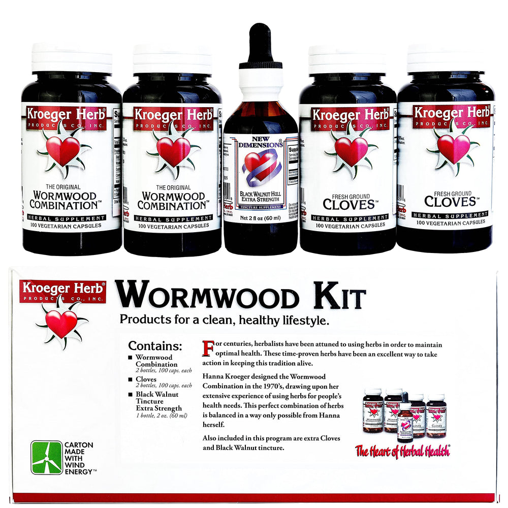Kroeger Wormwood Detox kit USA manufacturing label demonstrates purity testing.