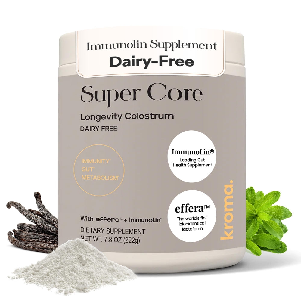 KROMA ImmunoLin dairy-free bottle showing convenient powder form for daily gut health.