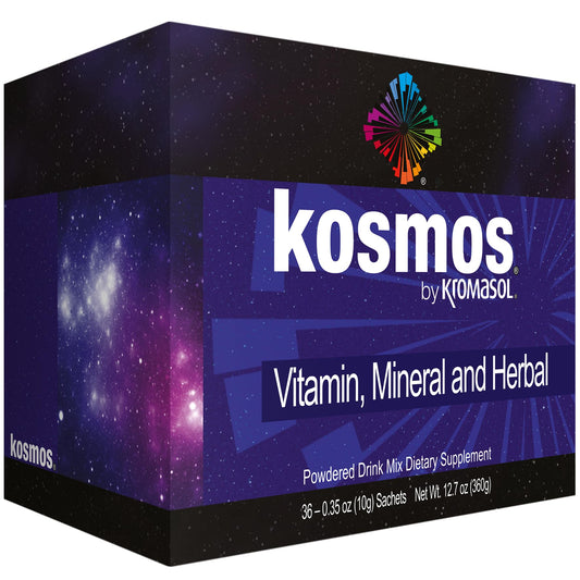 Kromasol Kosmos bottle being poured to suggest daily antioxidant support and convenient use.