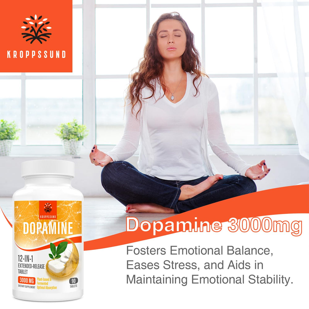 Kroppssund dopamine tablets daily-dose concept with clear 3-tablet serving.