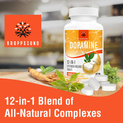 Kroppssund Natural Dopamine Supplement ingredients visual with L-tryptophan extract and B6.