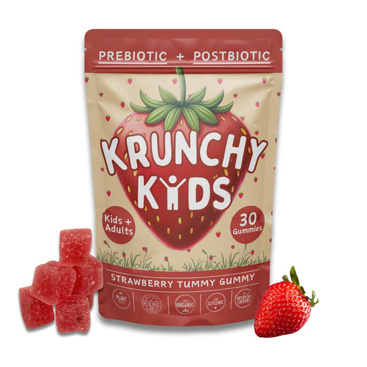 Krunchy Kids gut health gummies bottle on kitchen counter for daily use