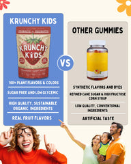 Krunchy Kids gummies being poured, showcasing chewy texture