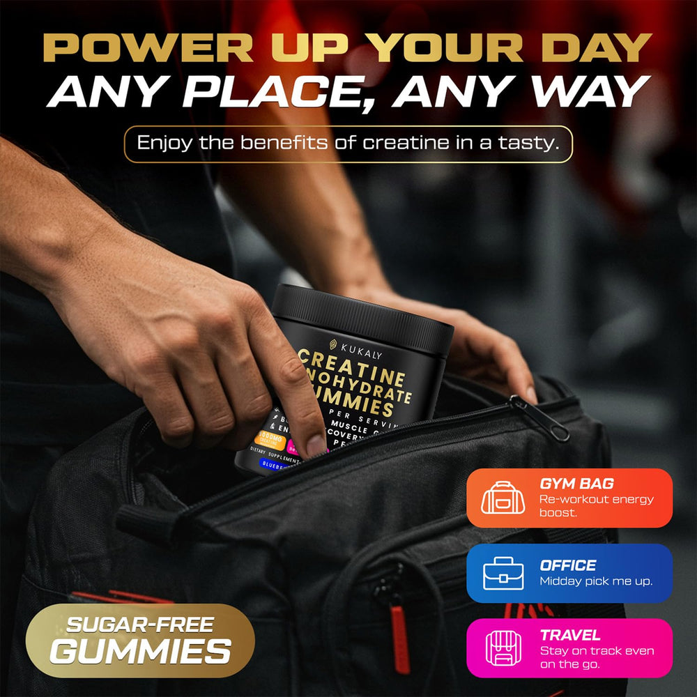 Kukaly Creatine Gummies display blueberry, raspberry and blackberry flavor mix.