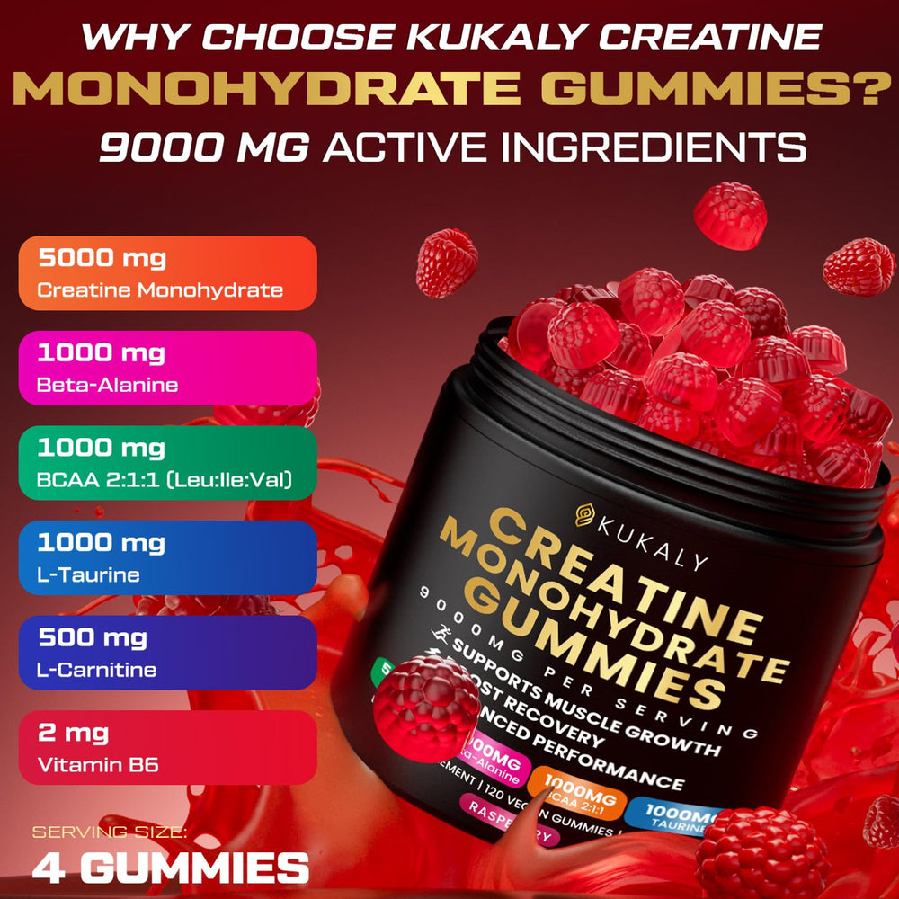 KUKALY Creatine Gummies Raspberry serving shows precise dosing for workouts.