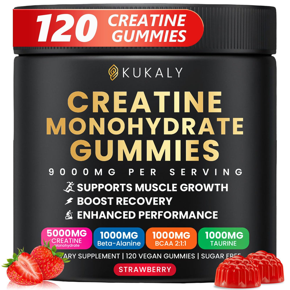 Kukaly Creatine Gummies strawberry bottle for steady workout energy.