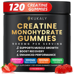 Kukaly Creatine Gummies strawberry bottle for steady workout energy.