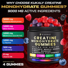 Kukaly Creatine Gummies close-up shows chewy texture and fruity taste.