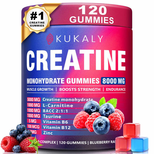 Kukaly Creatine Gummies bottle close-up for on-the-go training support.
