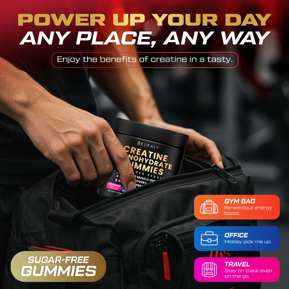 KUKALY creatine gummies being poured for on-the-go nutrition.