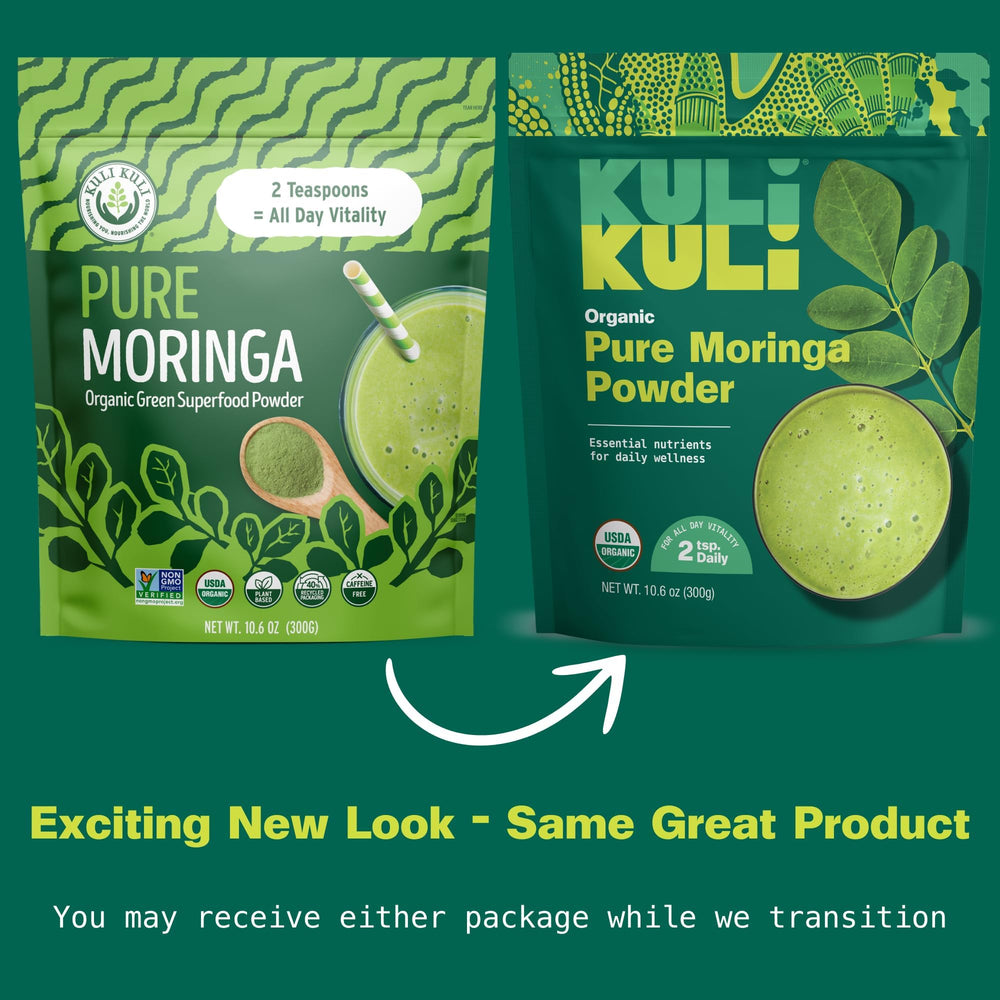 Kuli Kuli Moringa powder scoop for easy, measured greens in smoothies