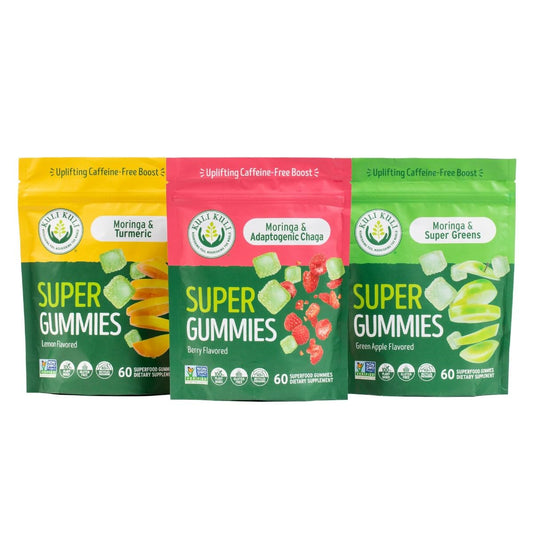 Kuli Kuli Super Energy Gummies green apple bottle—caffeine-free energy boost.