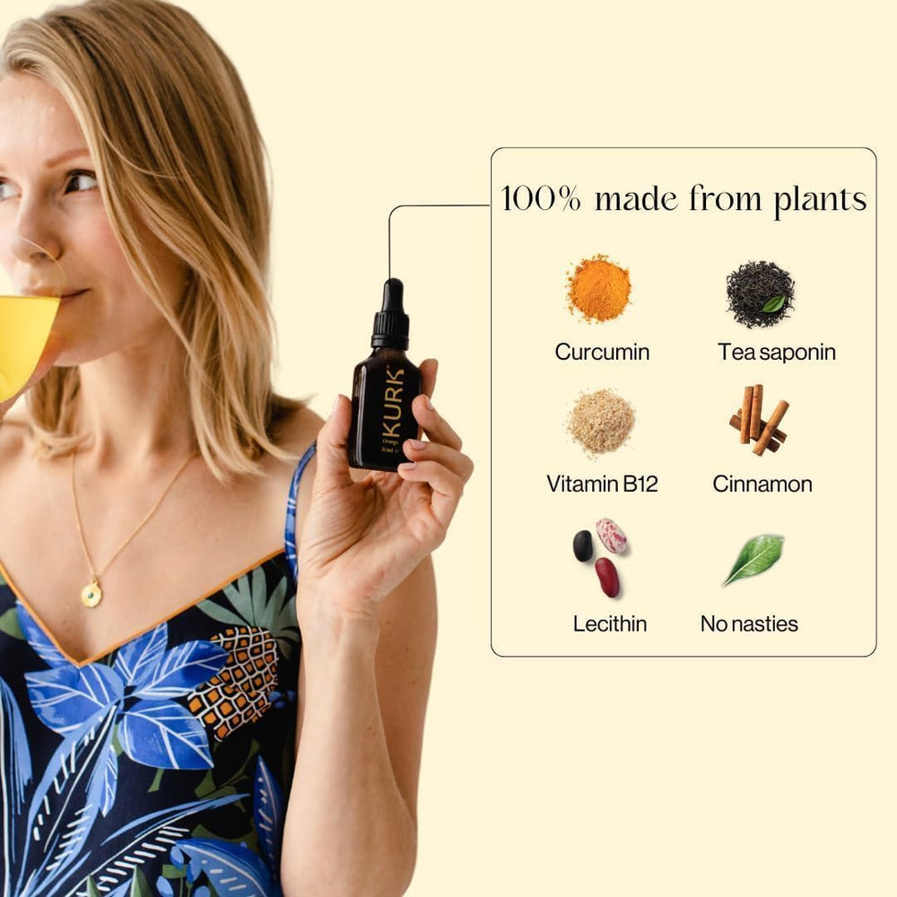 Kurk Essential turmeric drops pour showing easy integration into beverages for daily use.