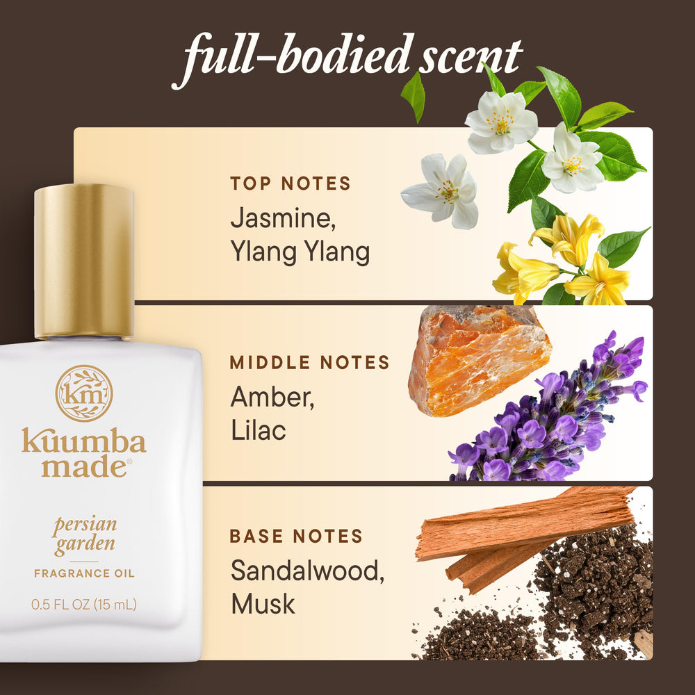 Kuumba Made Persian Garden Fragrance Oil on vanity suggests daily wear