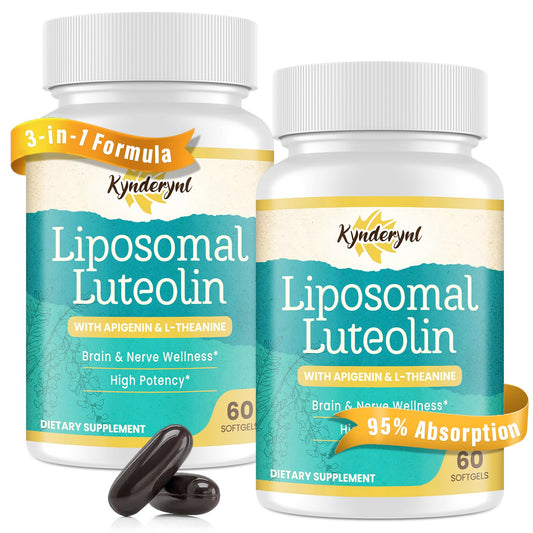 Kynderynl Liposomal Luteolin 200mg bottle label close-up highlighting clean packaging.
