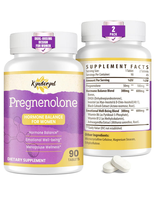 Kynderynl Pregnenolone dual-dosing tablets showing flexible daily options for women.