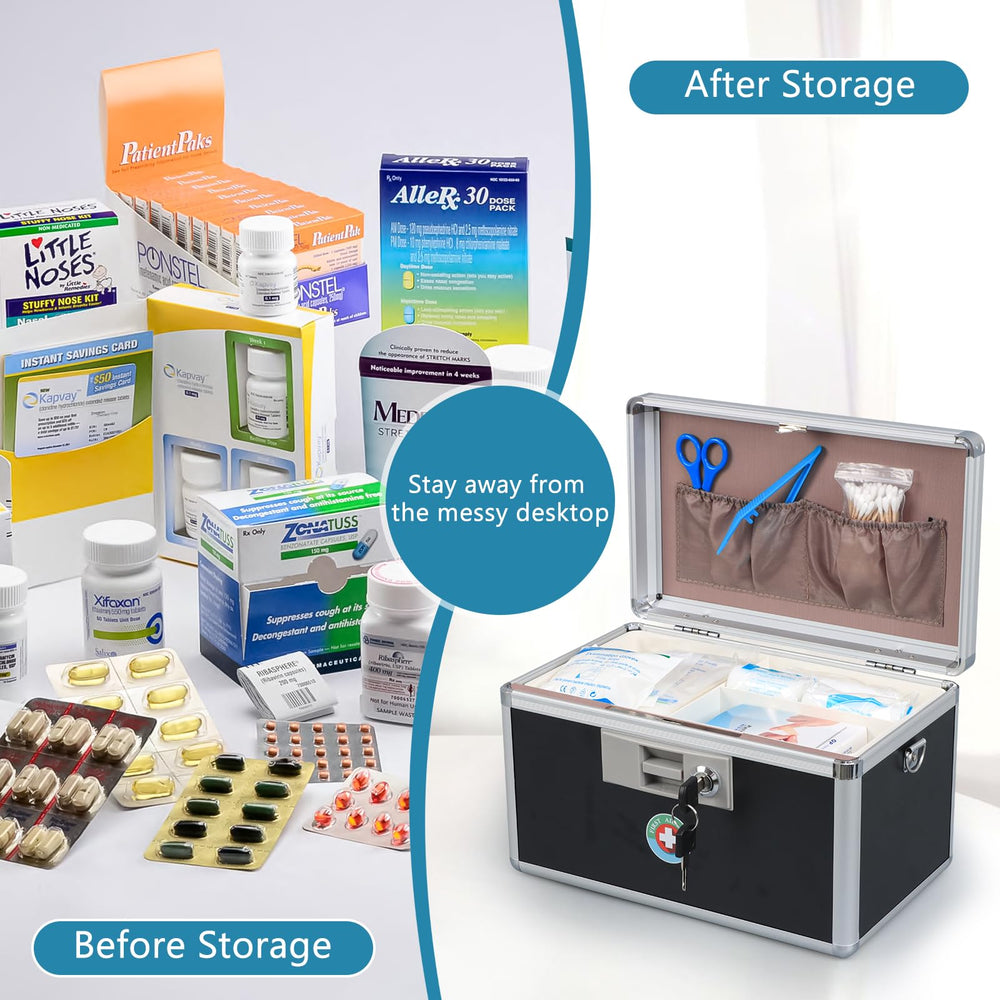 Lock and key detail highlights secure access for family medicine storage.