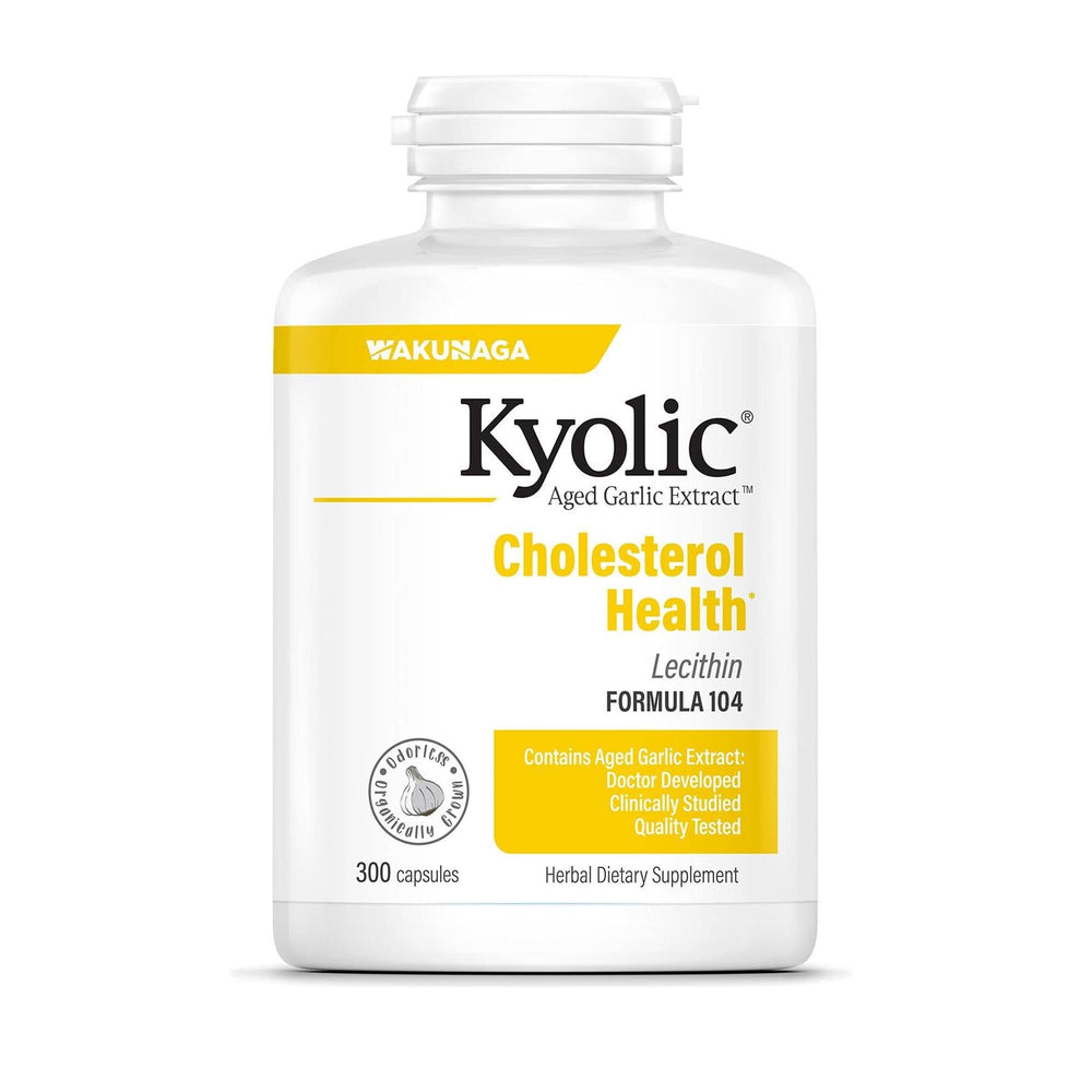 Kyolic Aged Garlic Extract 104 bottle front; odorless, organic garlic potency.