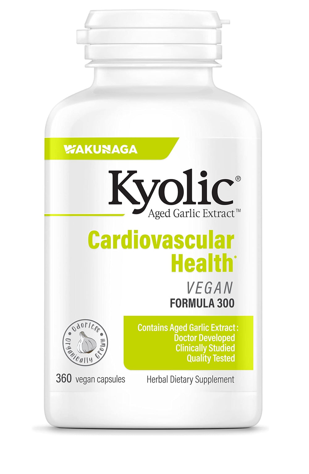 Kyolic Aged Garlic Extract Formula 300 bottle and capsules for cardiovascular support.