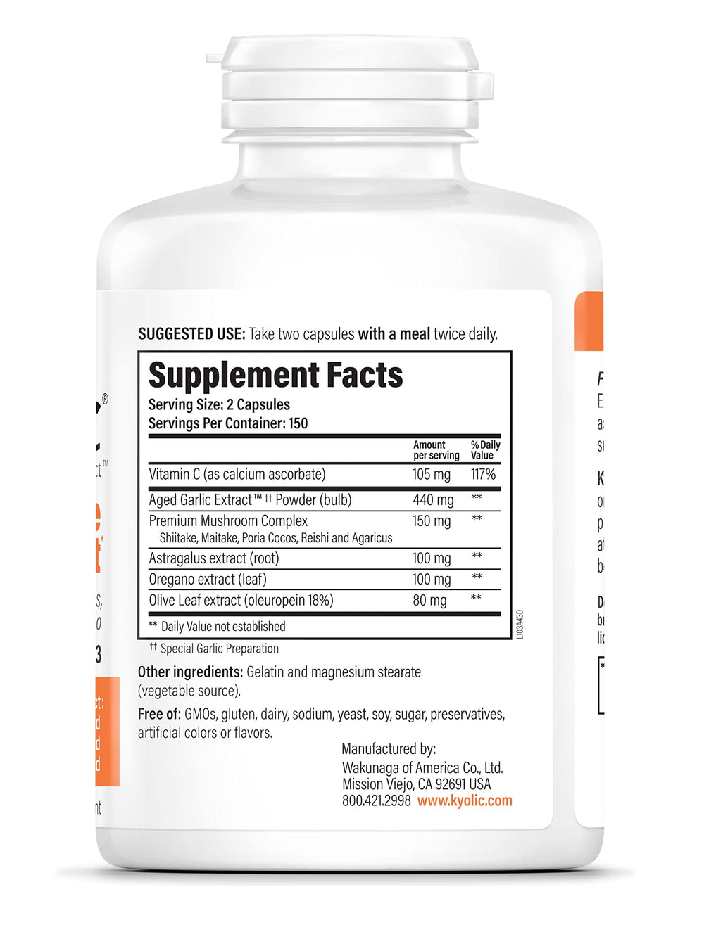 Kyolic Formula 103 packaging label detail showing ingredients and organic source.