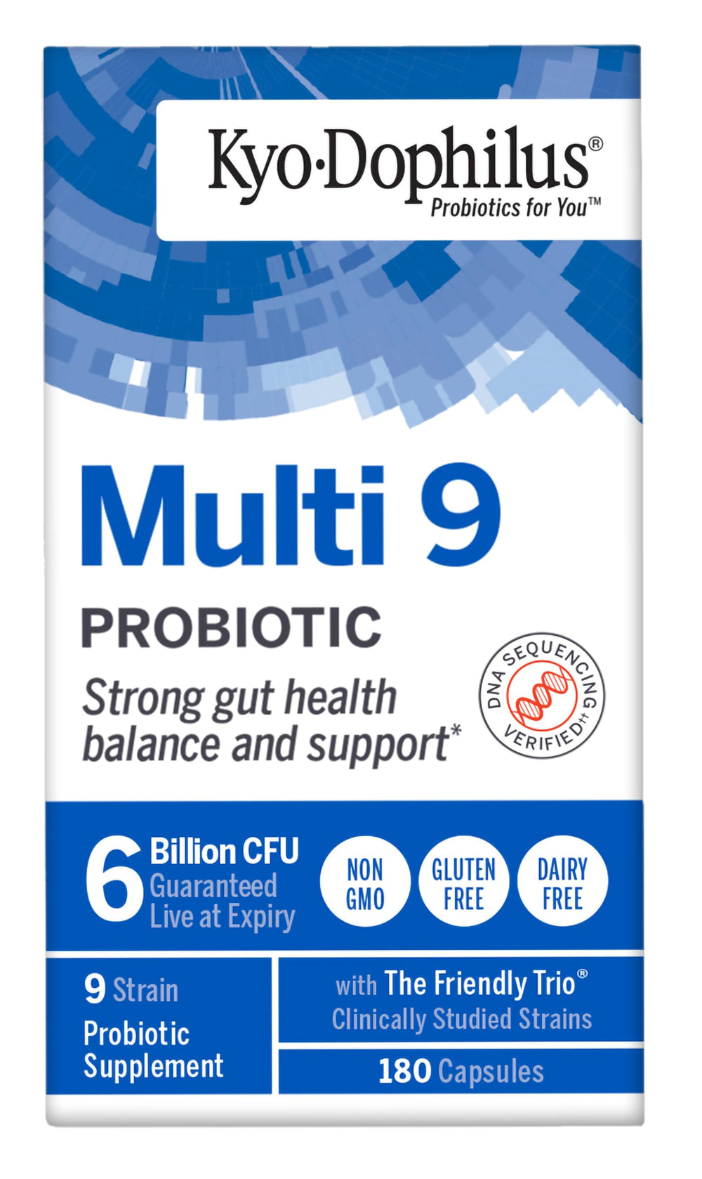 Bottle label of Kyolic Kyo-Dophilus Multi 9 probiotic highlighting ingredients.