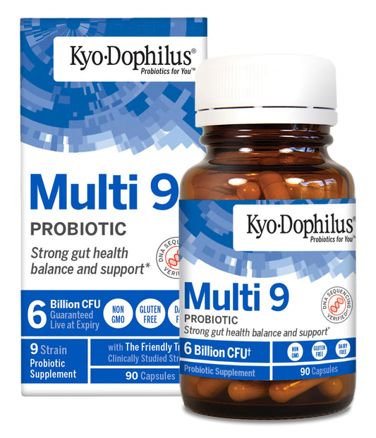 Kyolic Kyo-Dophilus Multi 9 probiotic bottle showing diverse strains for gut balance