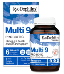Kyolic Kyo-Dophilus Multi 9 probiotic bottle showing nine strains for gut balance.