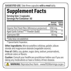 Kyolic Organic Garlic Extract packaging label: organic sourcing and aging process highlighted.