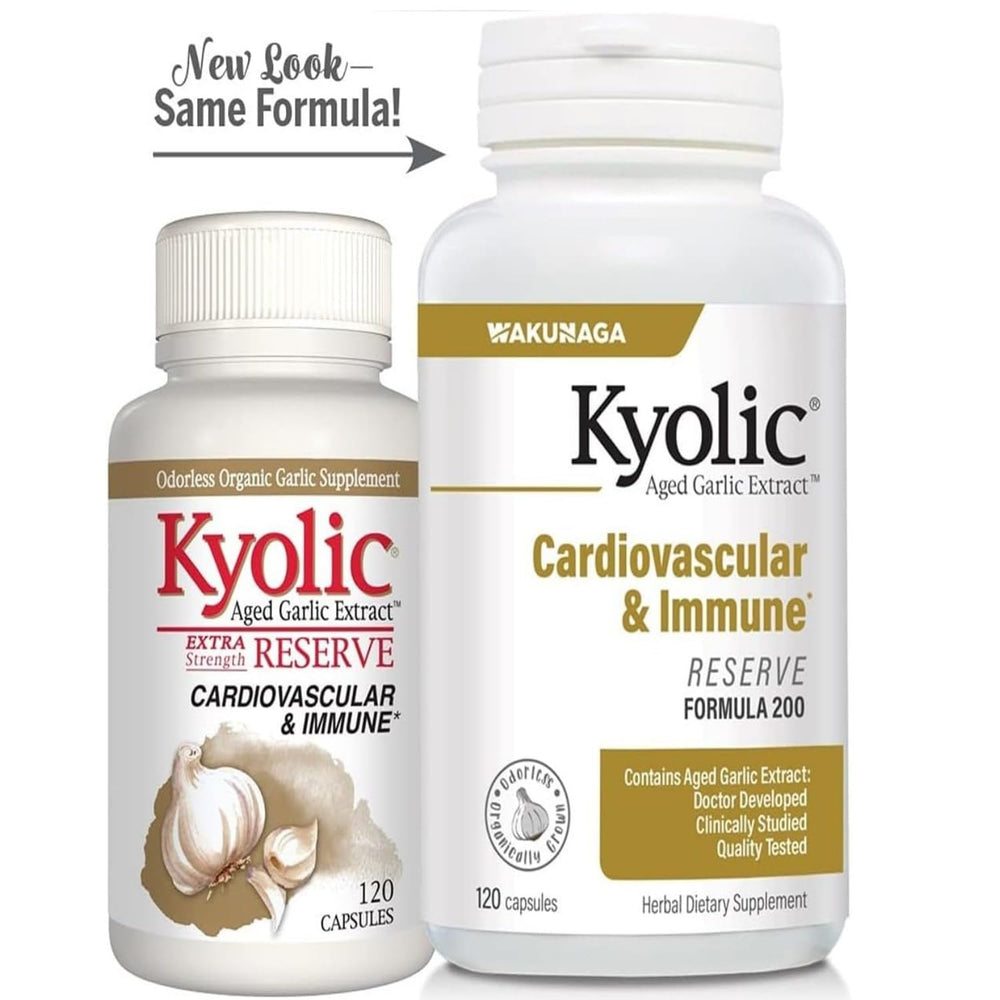 Kyolic Reserve ingredient label emphasizes organic, non-GMO garlic origin.
