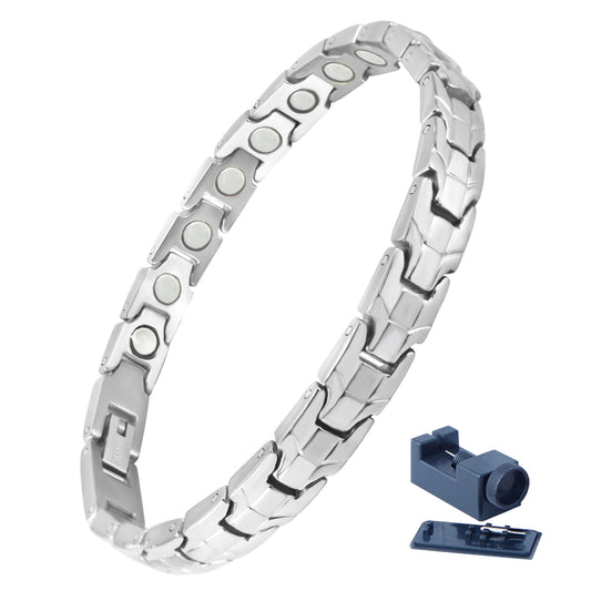 KYOSI titanium magnetic bracelet for women, closeup of sleek silver finish for daily wear.