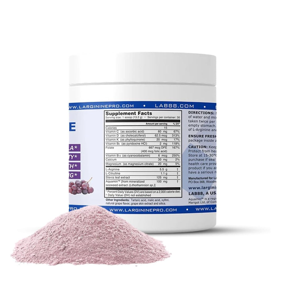 L-Arginine Pro scoop beside dissolving powder in water for endurance.