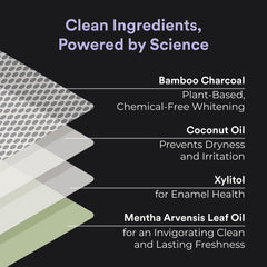 Close-up shows bamboo charcoal texture for a plant-based whitening impression.