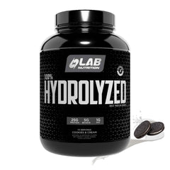 LAB NUTRITION whey hydrolyzed bottle shows fast absorbing protein for post-workout use