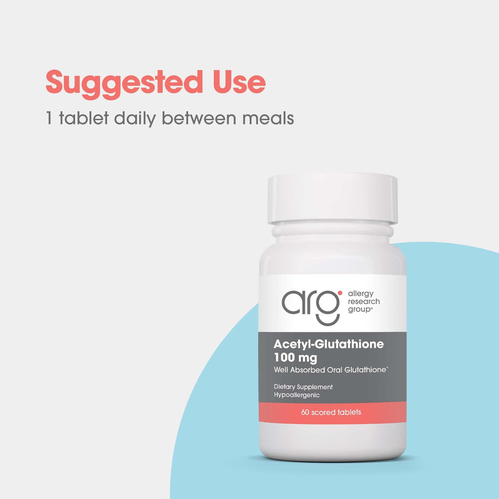 Acetyl-glutathione bottle label highlighting hypoallergenic formulation.