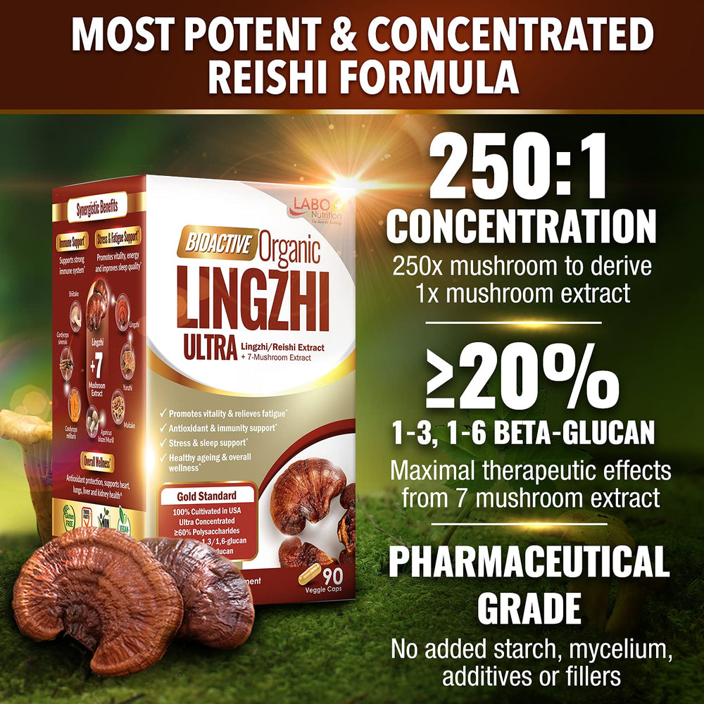 LABO Nutrition Bioactive Lingzhi Reishi Ultra label shows USDA Organic and vegan status.