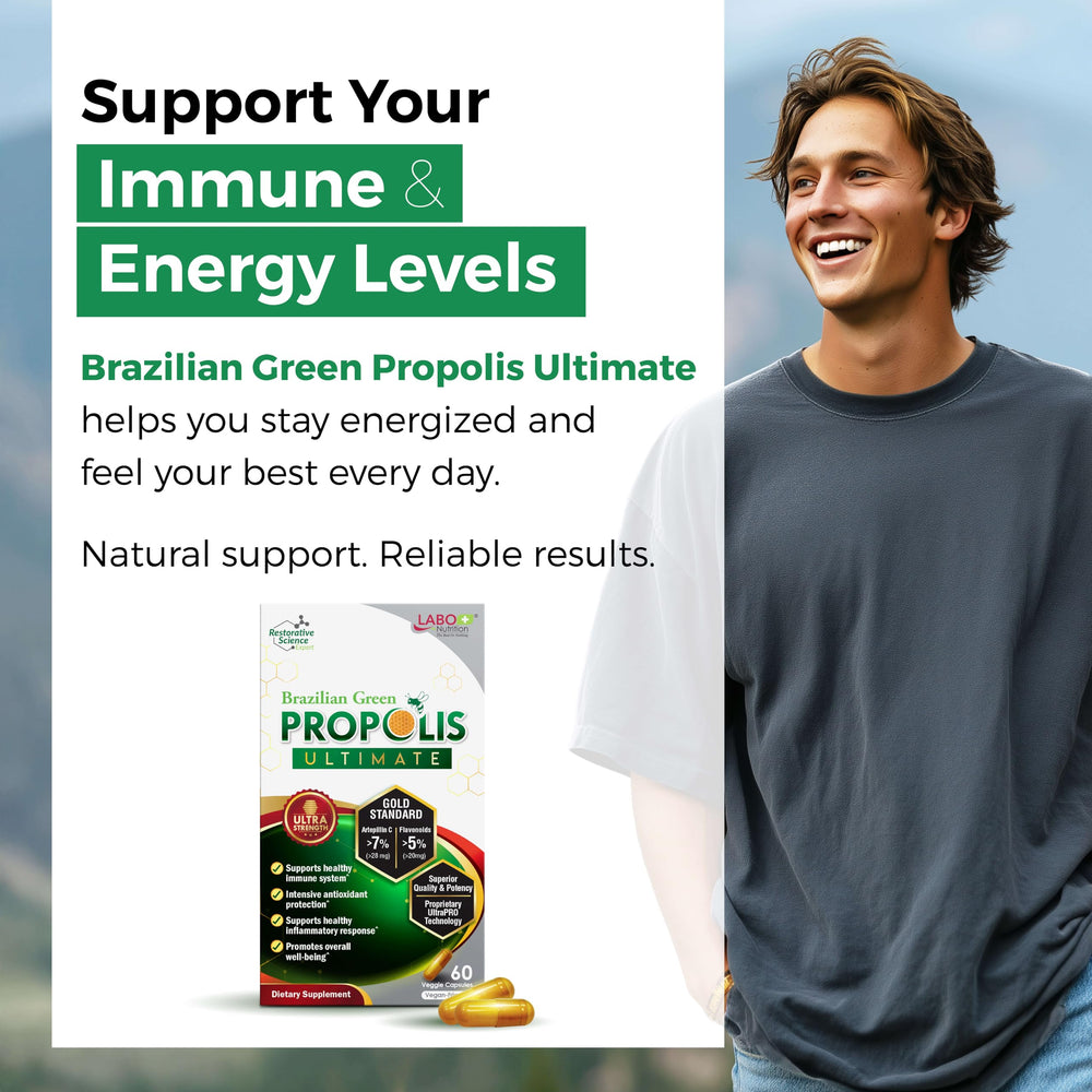 LABO Nutrition Brazilian Green Propolis Ultimate daily-use capsules in hand.
