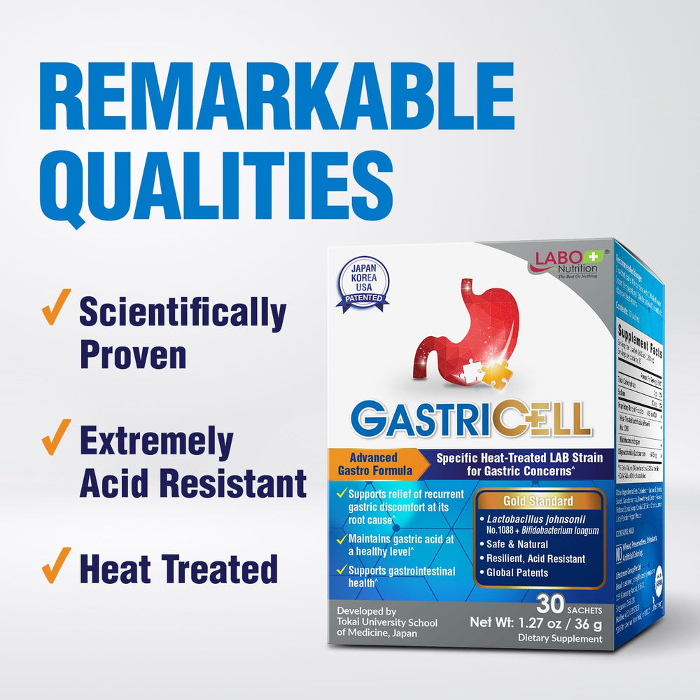 LABO Nutrition GASTRICELL sachet opening view highlights quick on-the-go use.