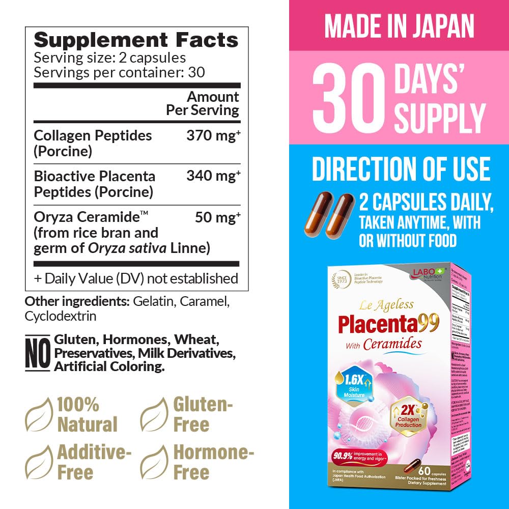 LABO Nutrition Le Ageless Placenta 99 capsules close-up promoting skin and hair health